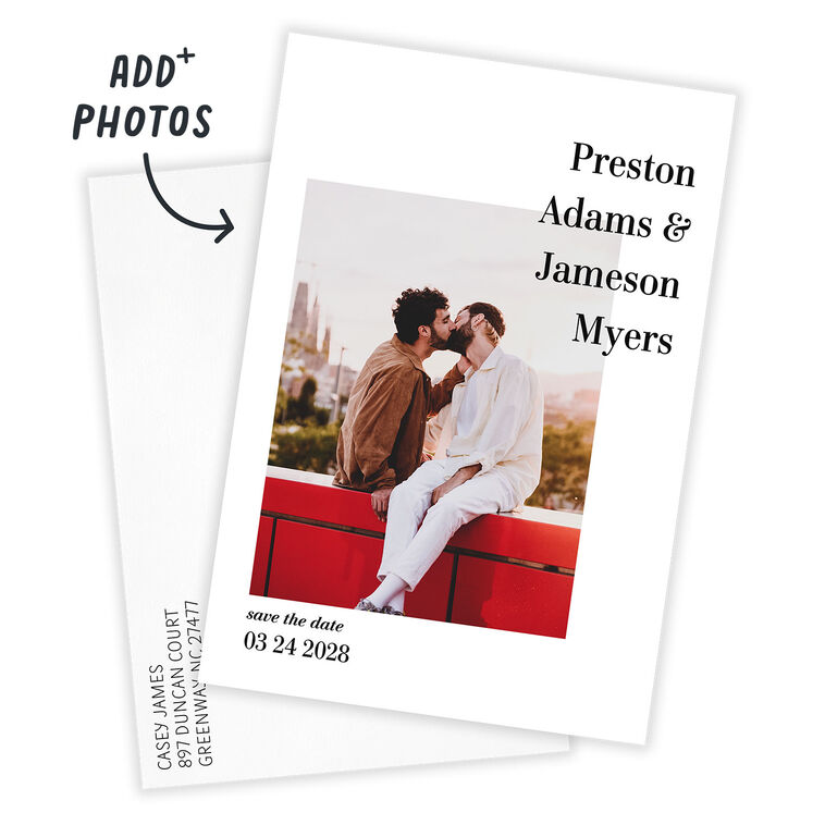 Modern White Frame Personalized Save the Date Card Card Front indicating personalization image number 2