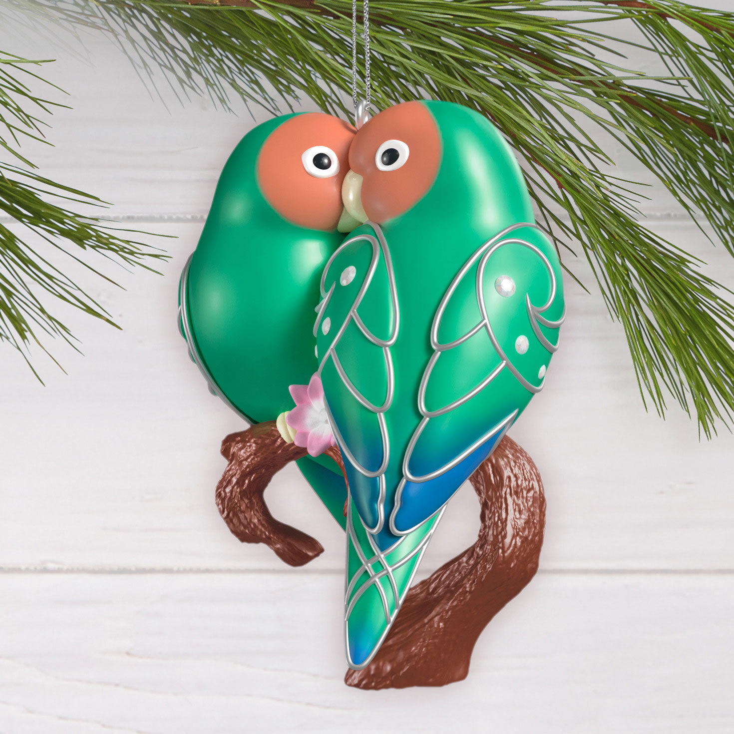 Pair of Green and Orange Birds Keepsake Ornament hanging on tree image number 2