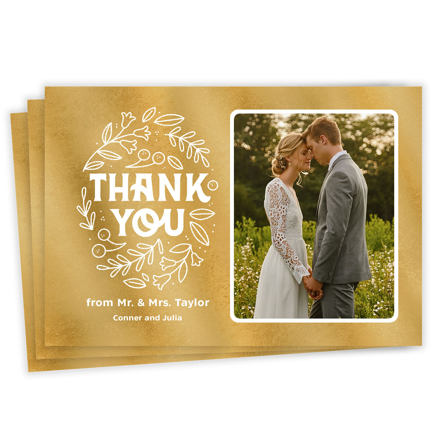 Whimsical Golden Foliage Flat Wedding Thank You Photo Card
