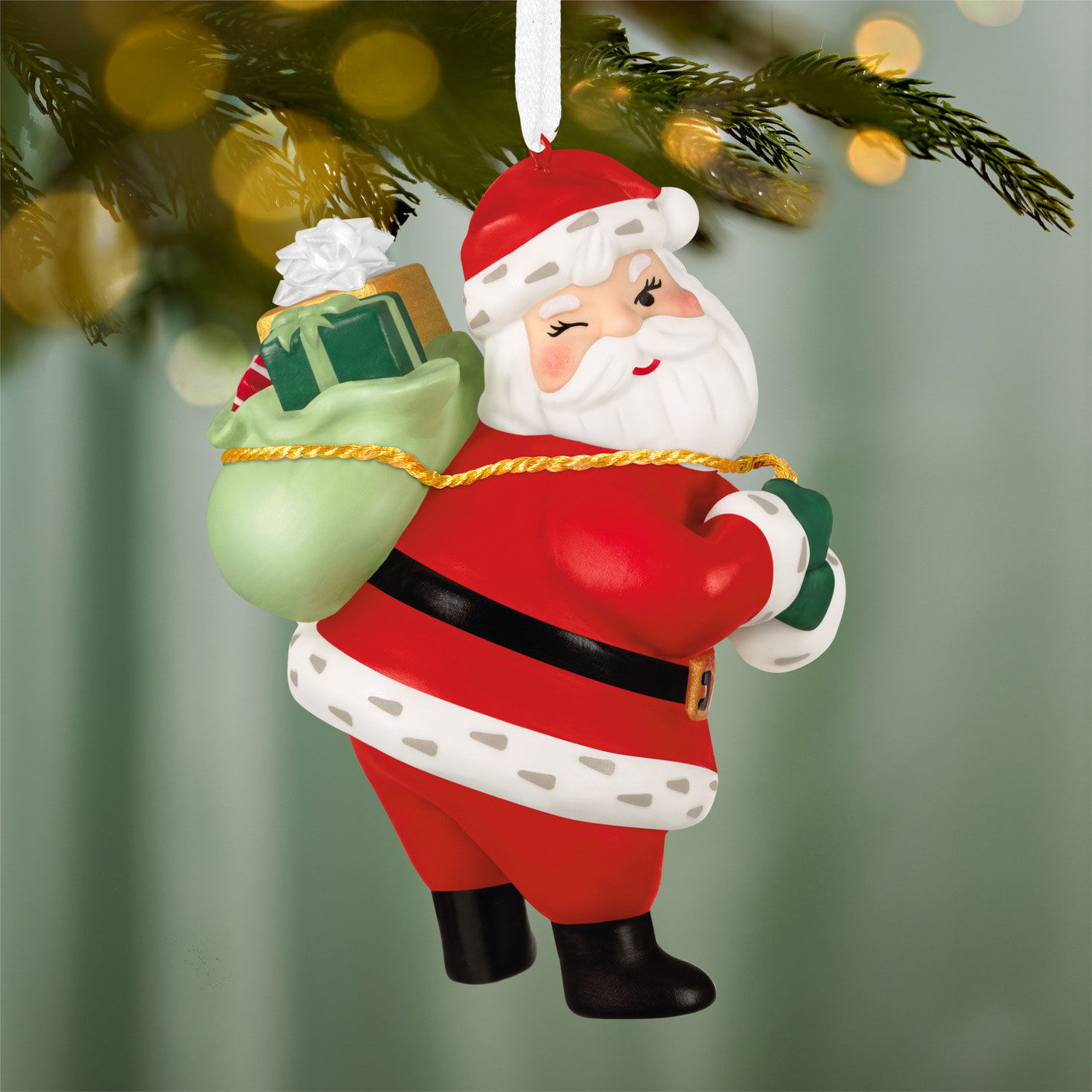 Vintage-Style Santa With Sack Keepsake Ornament hanging on tree image number 2