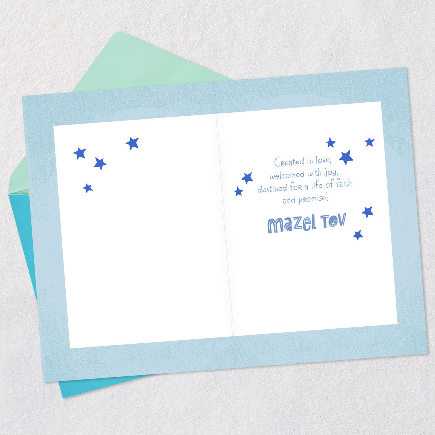 Mazel Tov Clouds and Stars New Baby Boy Card Open card with envelope image number 3