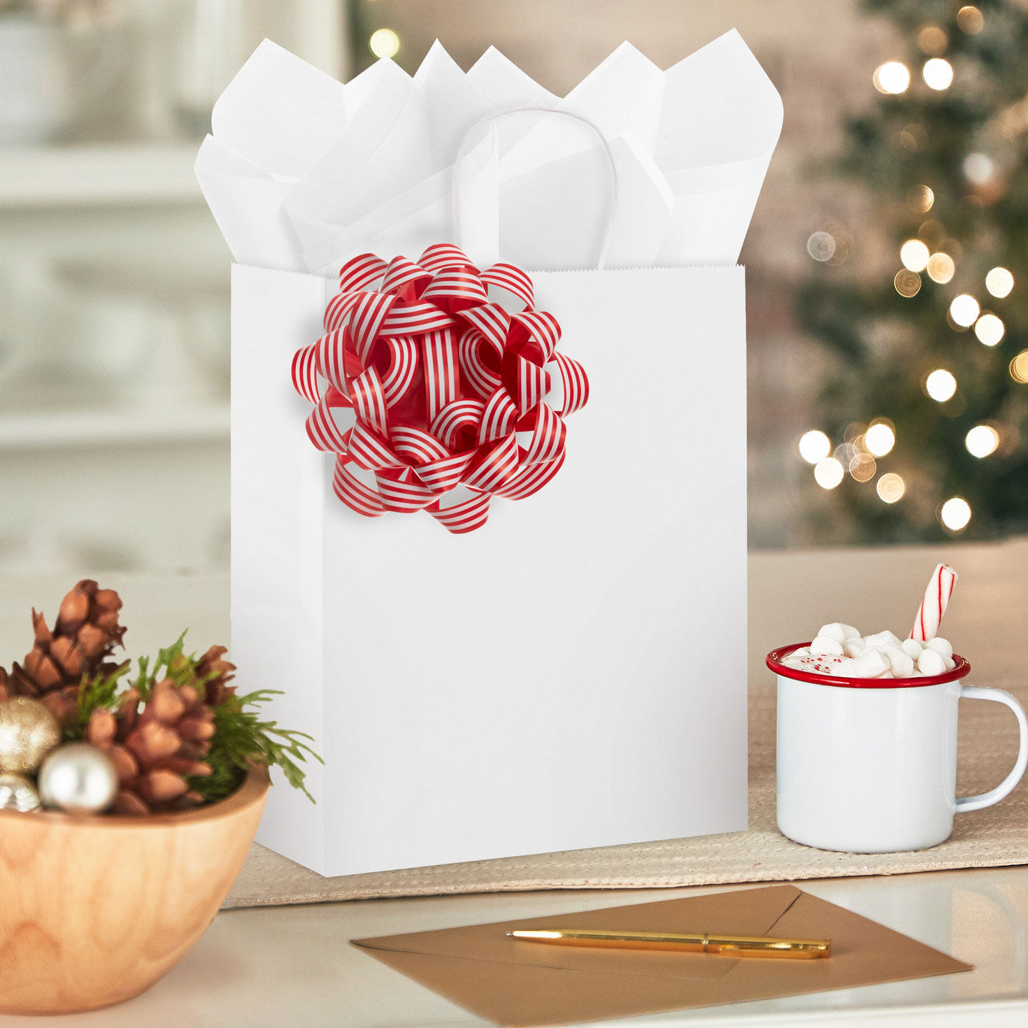 Red and White Striped Paper Gift Bow in use image number 2