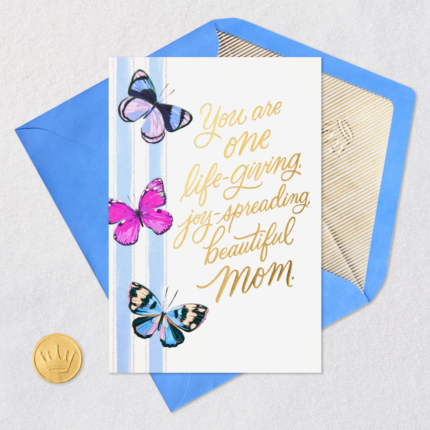 Butterflies on Blue Stripe Mother's Day Card Card Front with Envelope and Gold Seal image number 5