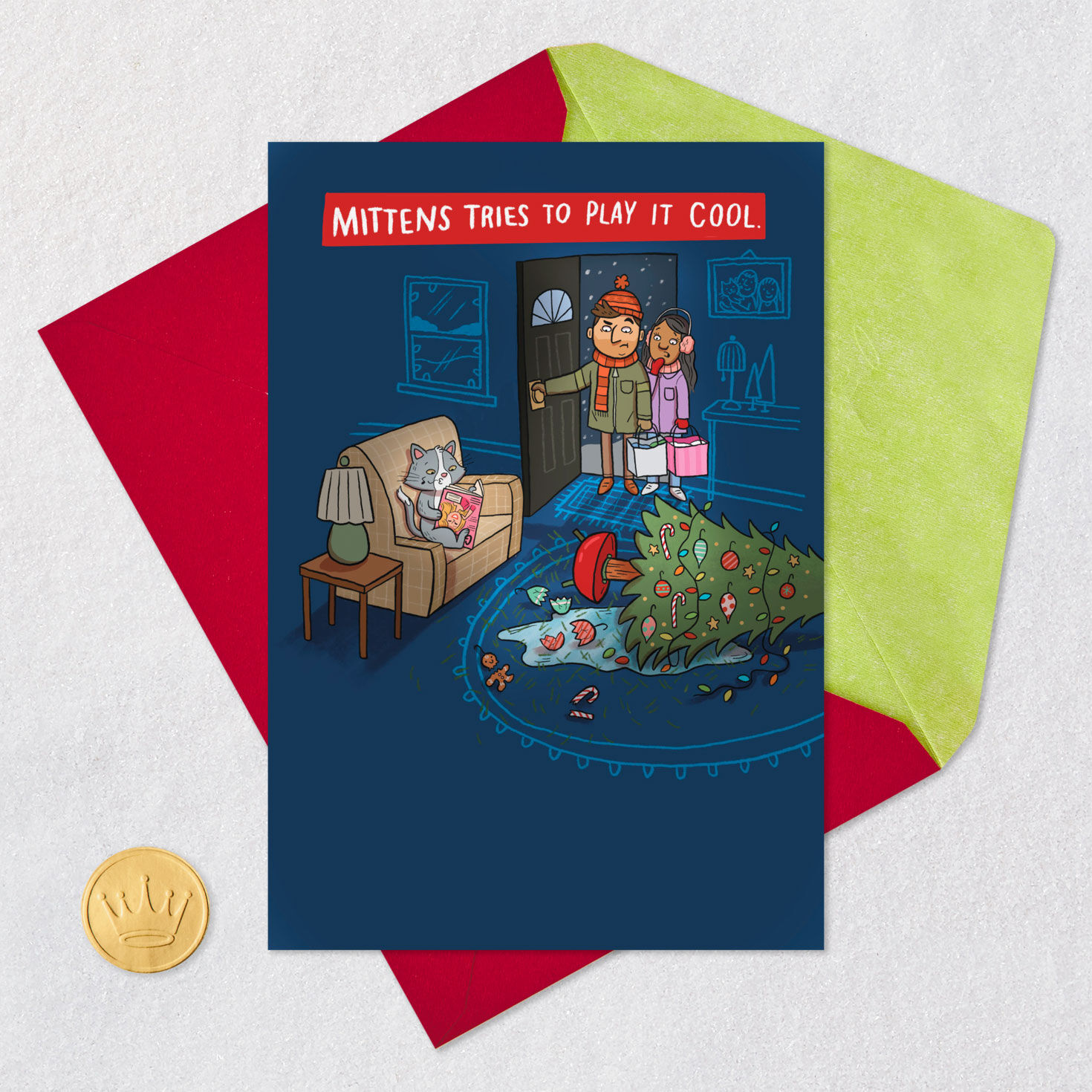 Cat and Fallen Tree Funny Christmas Card Card Front with Envelope and Gold Seal image number 5