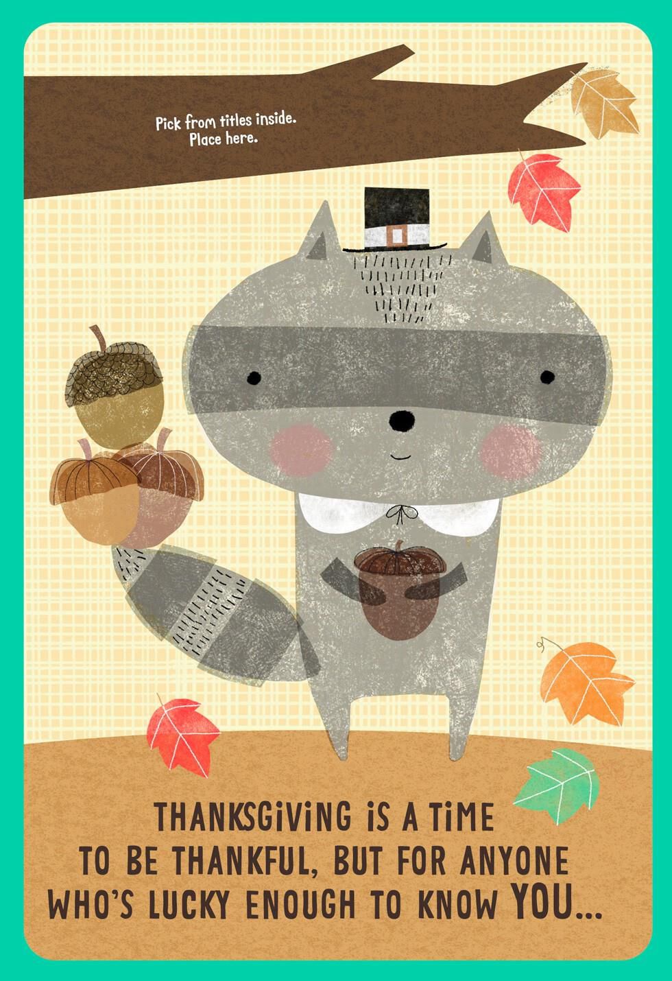 Raccoon Thanksgiving Card for Kids with Customizable Family Recipient Stickers