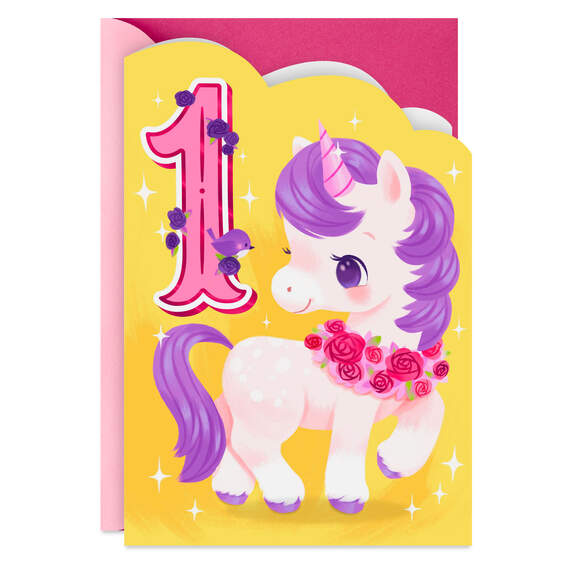 Sparkles and Rainbows Cute Unicorn First Birthday Card, , large image number 1