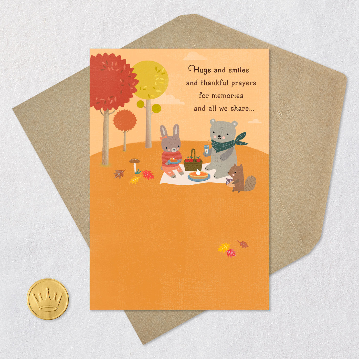Cute Woodland Animal Picnic Thanksgiving Card Card Front with Envelope and Gold Seal image number 5