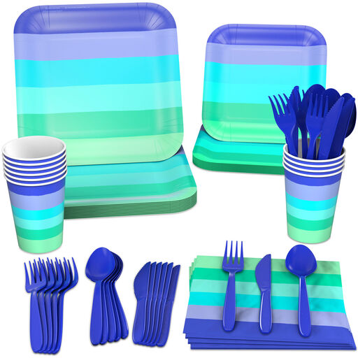 Color Pop 96-Piece Tableware Basics Party Kit, Cool Ombré Stripe, 