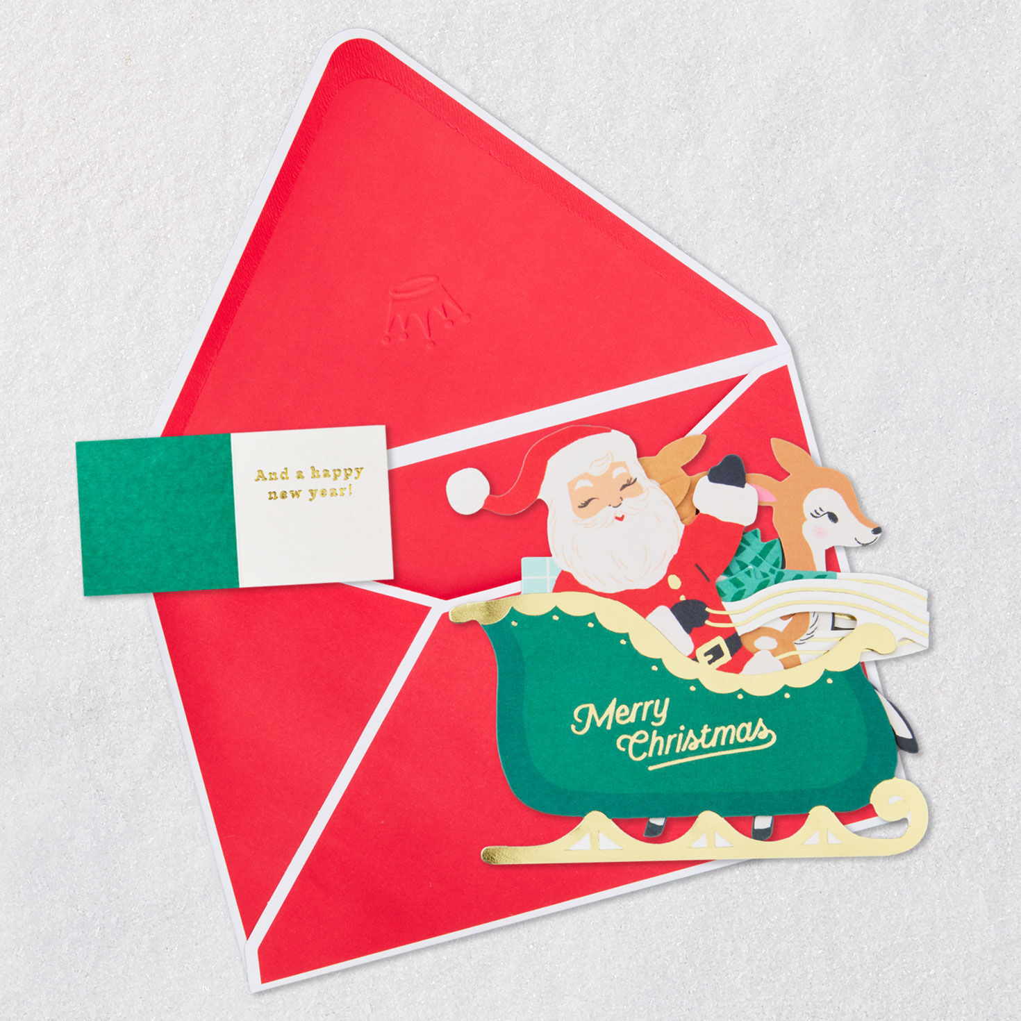 Santa Sleigh Paper Craft Pop-Up Christmas Card Open card with envelope image number 3