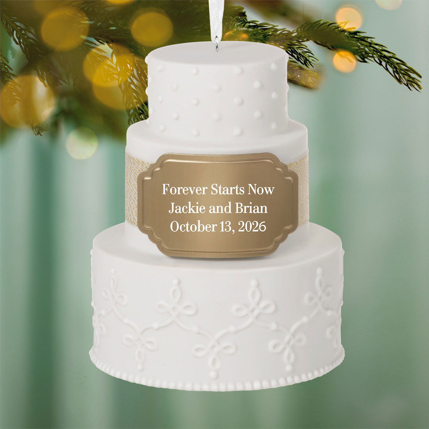 Wedding Cake Personalized Christmas Ornament hanging on tree image number 2