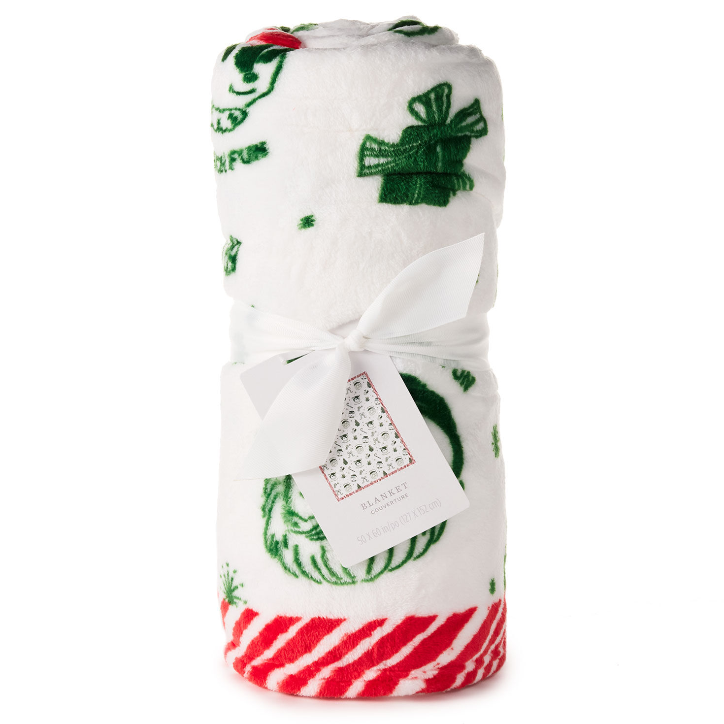 Santa Snowman Reindeer Toile Pattern Throw Blanket packged with ribbon and tag image number 5