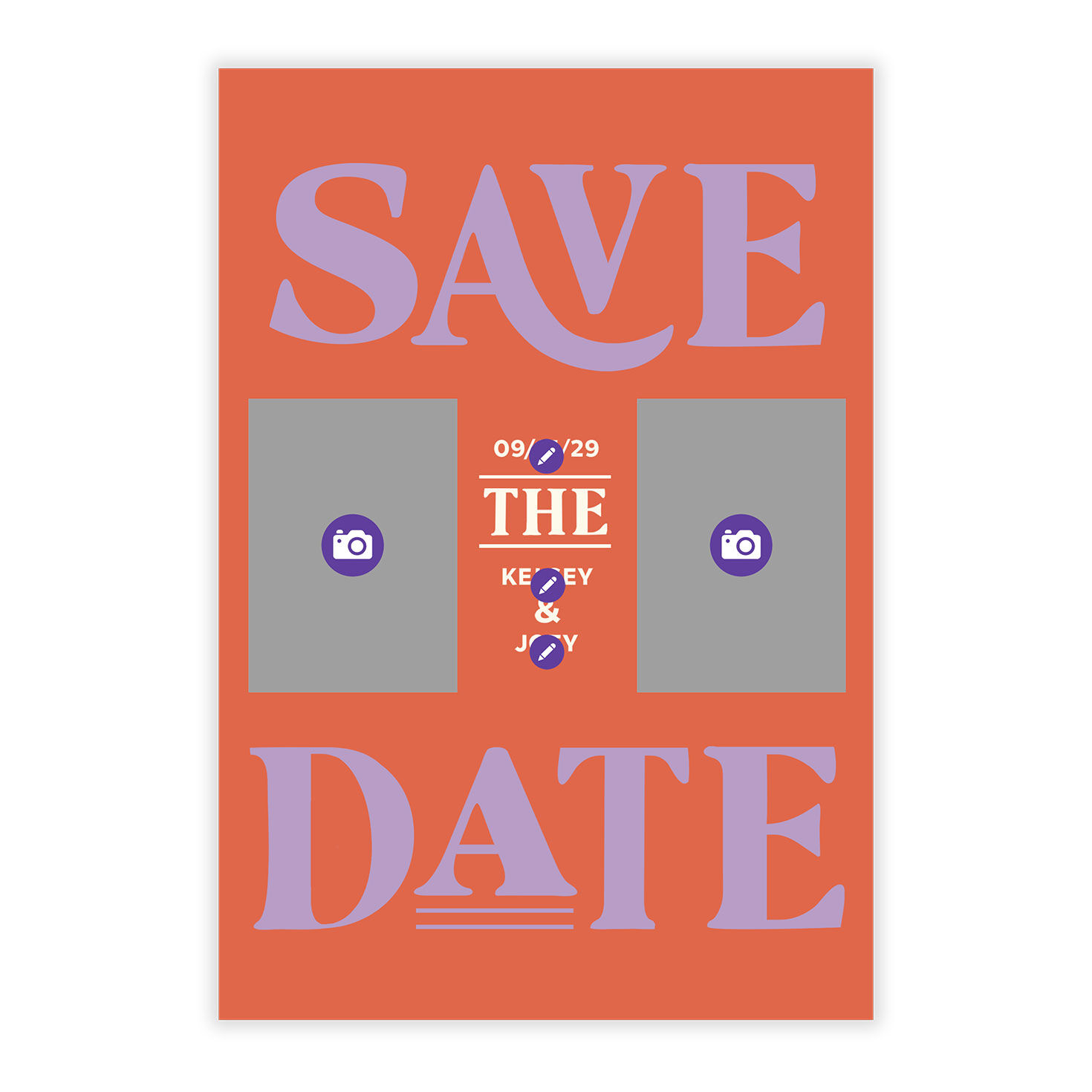 Purple Letters on Orange Personalized Save the Date Card Card Front indicating personalization image number 5