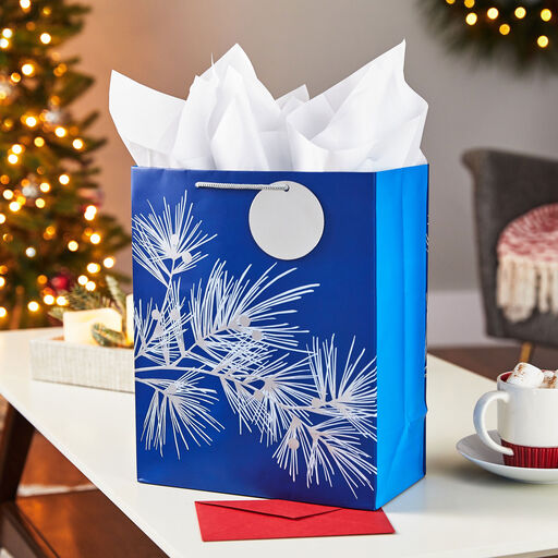 13" Silver Pine on Blue Large Holiday Gift Bag With Tissue Paper, 