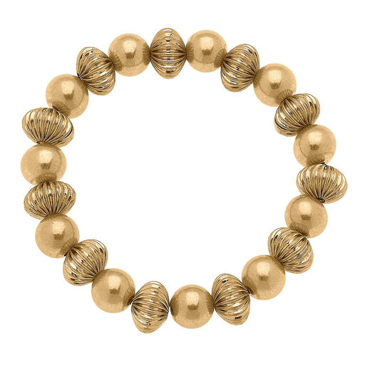 Worn Gold Ribbed Metal Beads Stretch Bracelet, 
