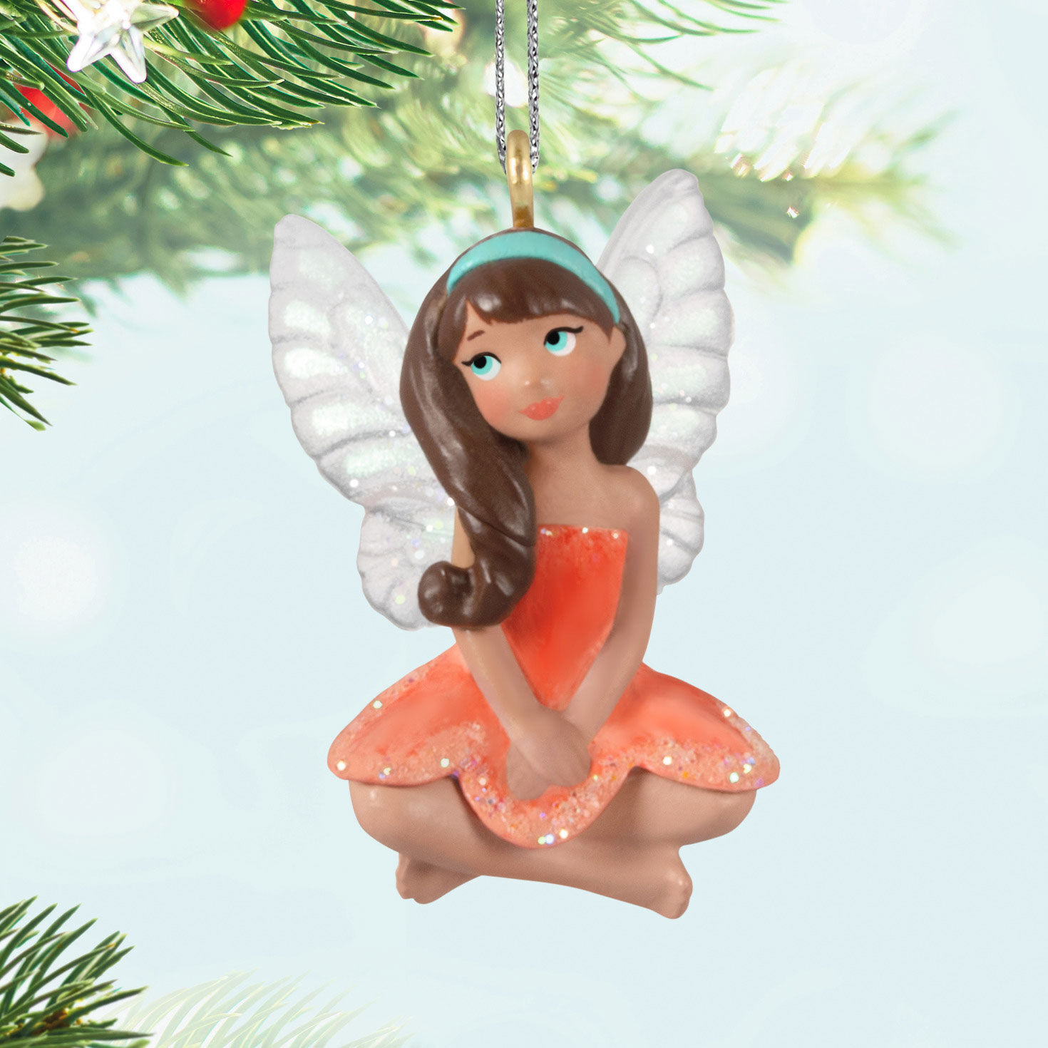 Fairy in Peach Dress Keepsake Ornament Hanging on tree image number 2