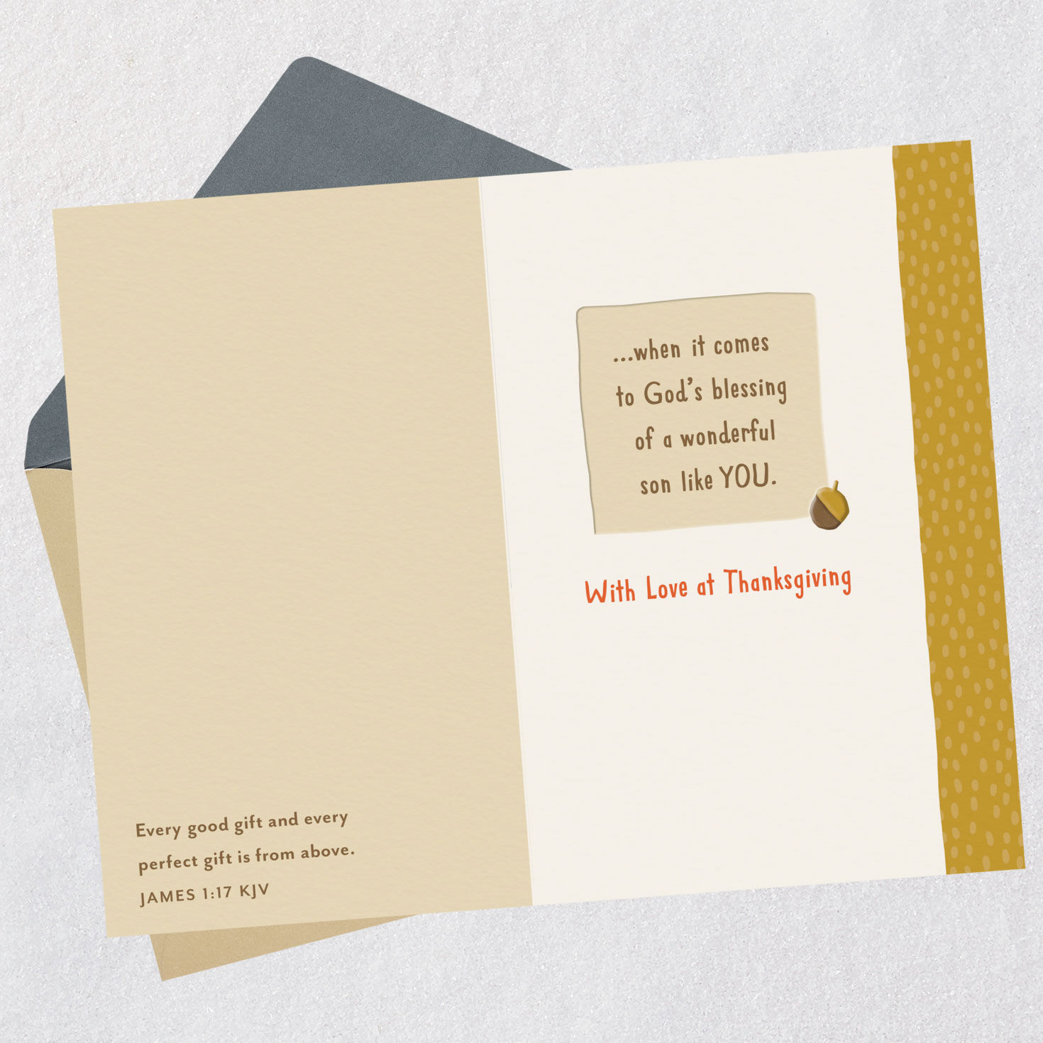 Tan Leaves and Acorns Thanksgiving Card for Son Open card with envelope image number 4