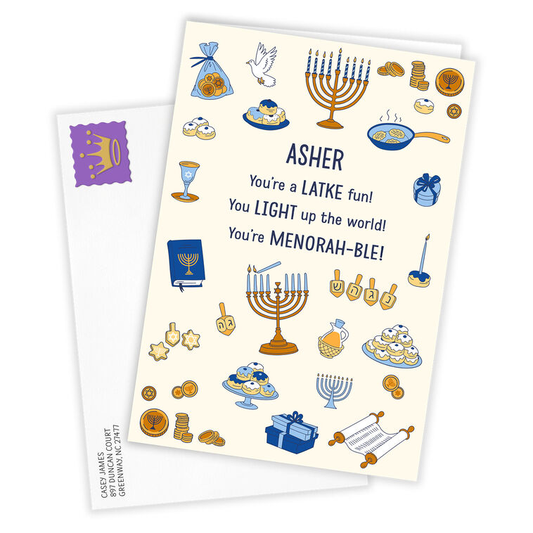 Jewish Symbols Drawings Personalized Hanukkah Card Card  front with Envelope  image number 2