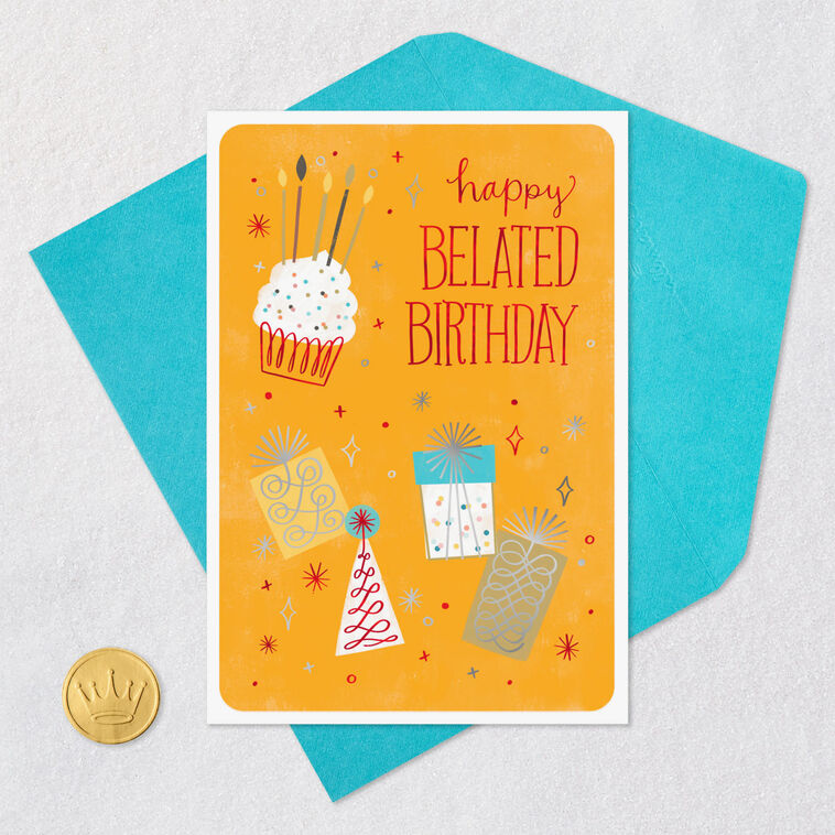 Cupcake, Gifts and Party Hat Belated Birthday Card Card with envelope and Seal image number 5