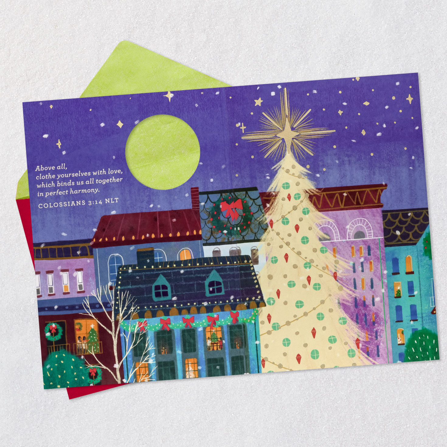Gold Star Pine Love Religious Christmas Card Open card with envelope image number 4