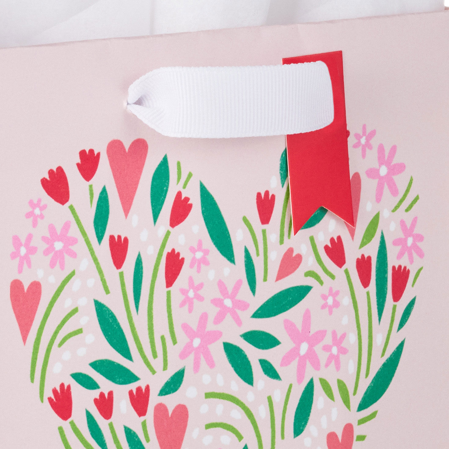 Small Pink Heart-Shaped Floral Gift Bag With Tissue upclose handle detail image number 4