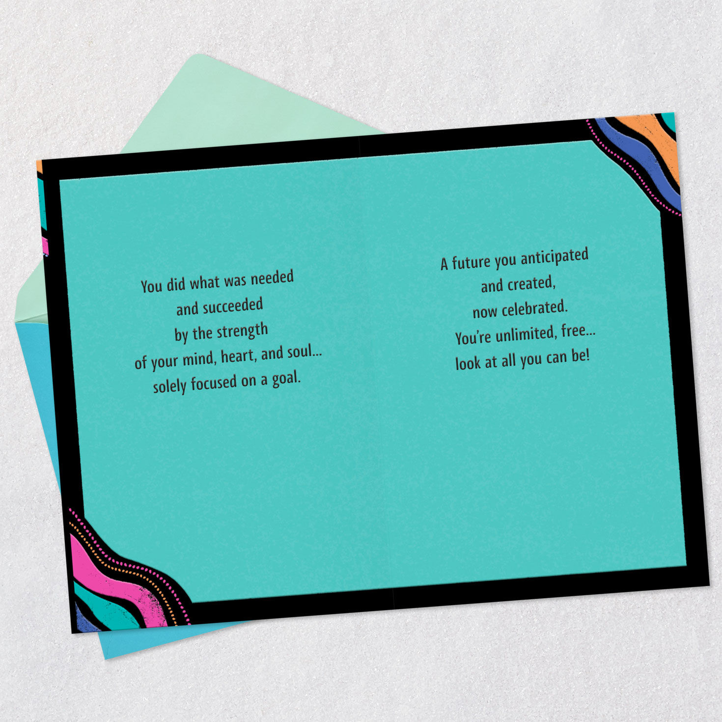 Pink, Teal and Orange on Black Graduation Card Open card with envelope image number 4