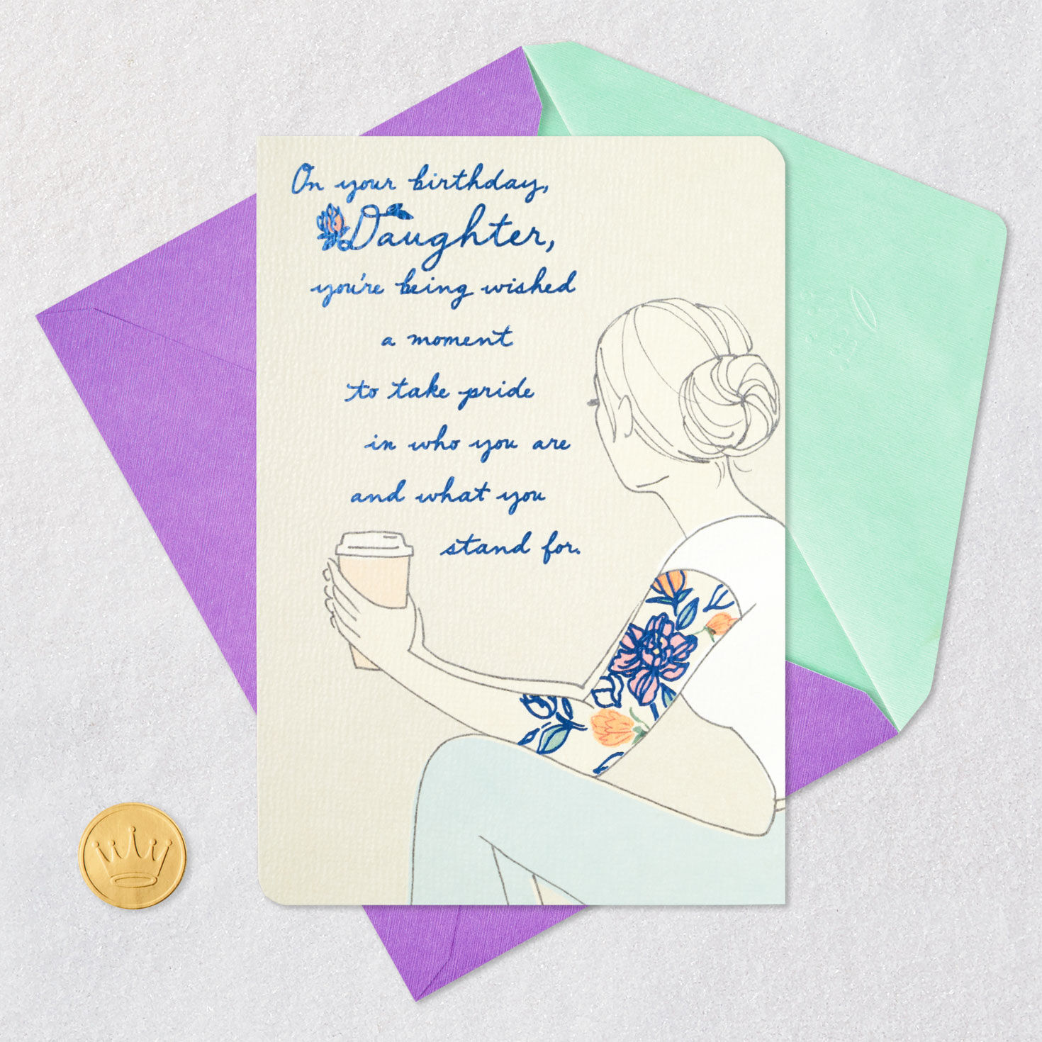 Woman and Flower Tattoo Birthday Card for Daughter Card Front with Envelope and Gold Seal image number 6