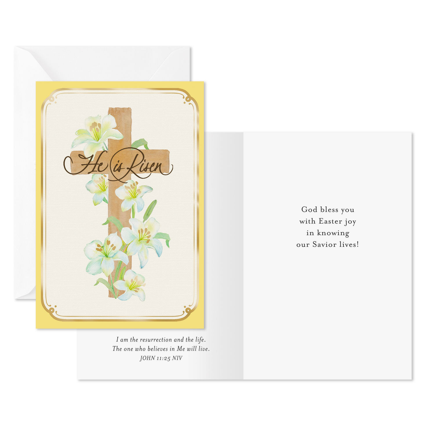 Easter Lily and Cross on Yellow Easter Cards Pack Card Front with Sentiment image number 2