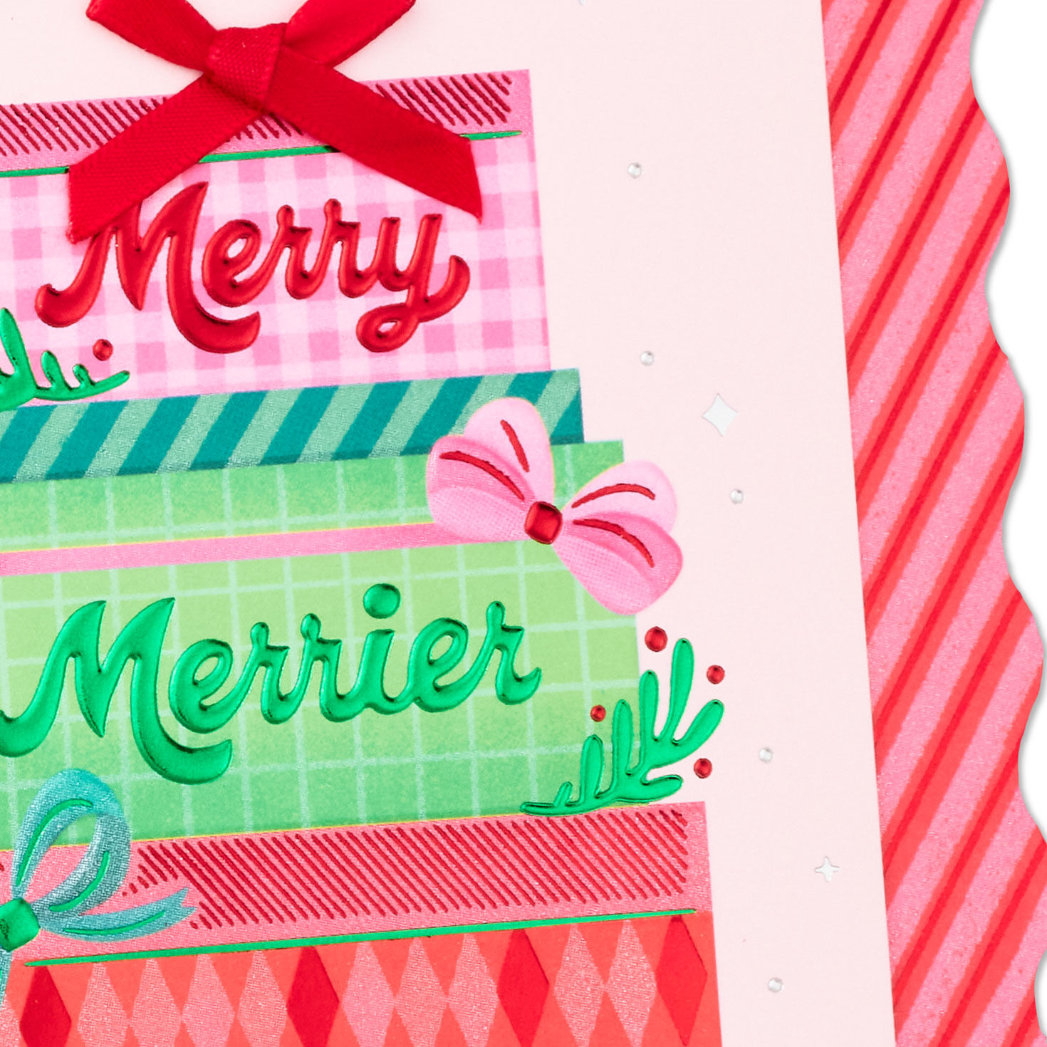 Pink Red Green Stacked Gifts Christmas Card Card Front Detail image number 4