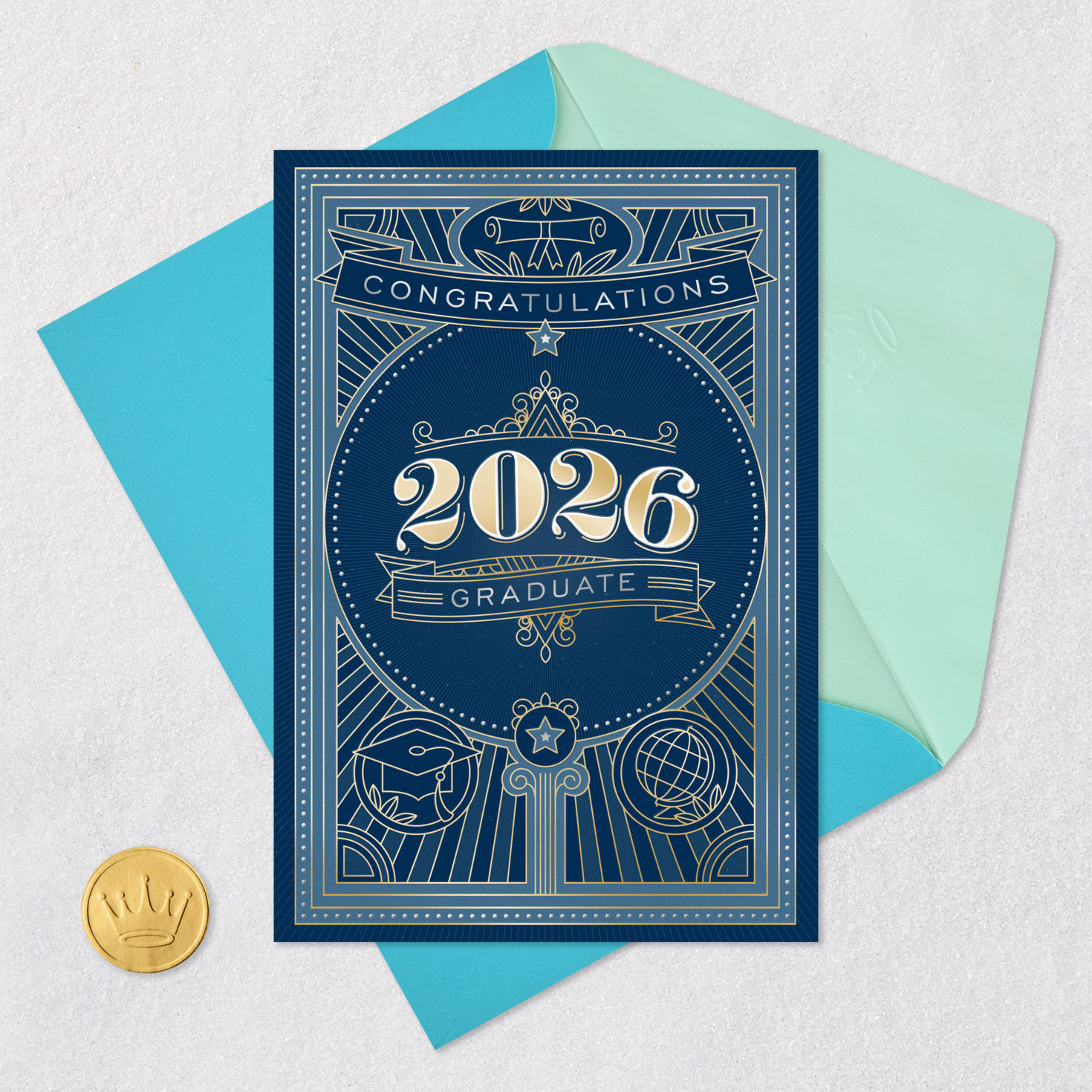 Blue and Gold Art Deco Grad Icons 2026 Graduation Card Card Front with Envelope and Gold Seal image number 5