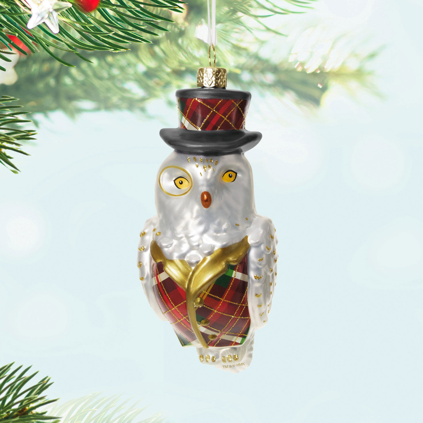 Owl in Plaid Keepsake Ornament Hanging on tree image number 2