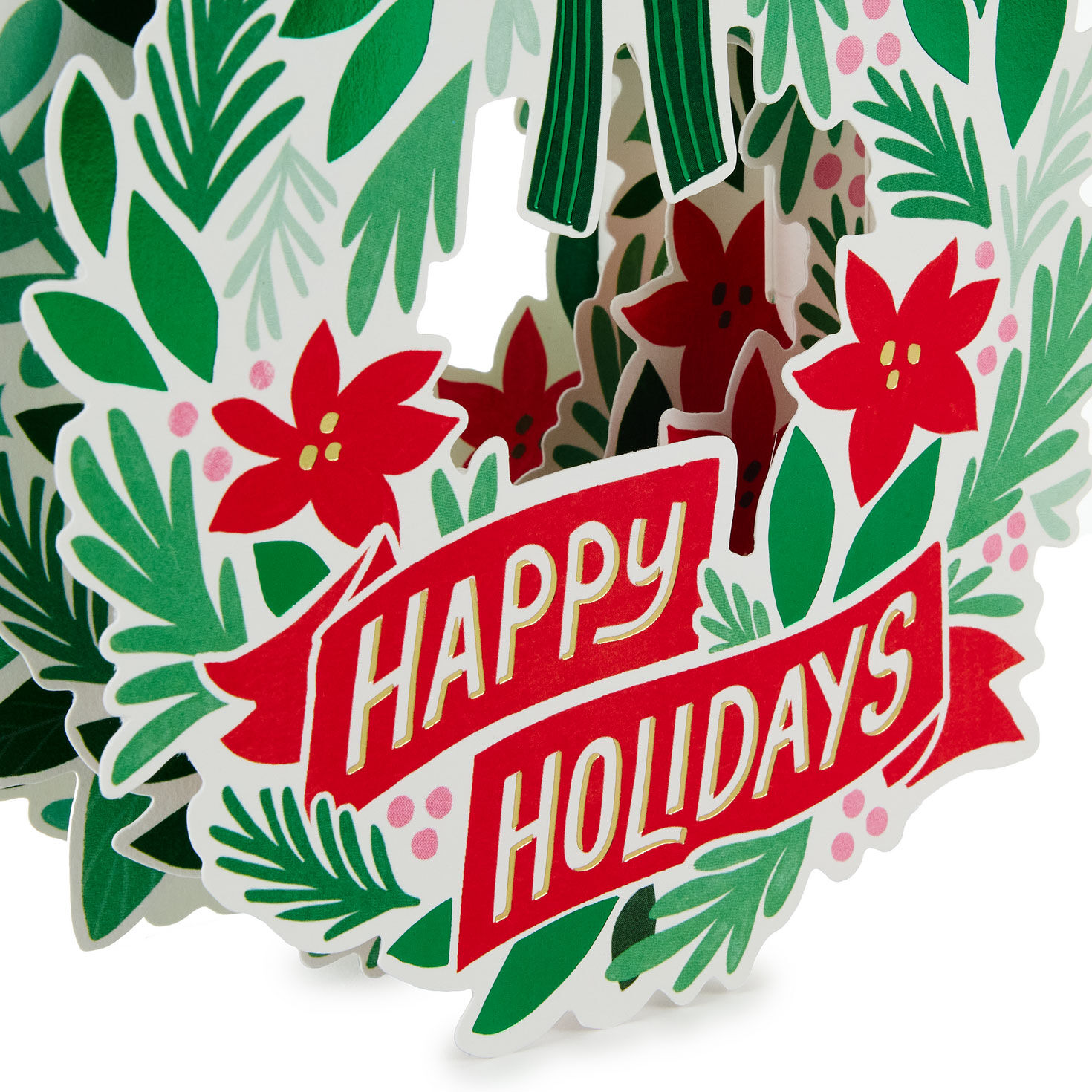 Red and Green Poinsettia Wreath Christmas Card Card Front Detail image number 5