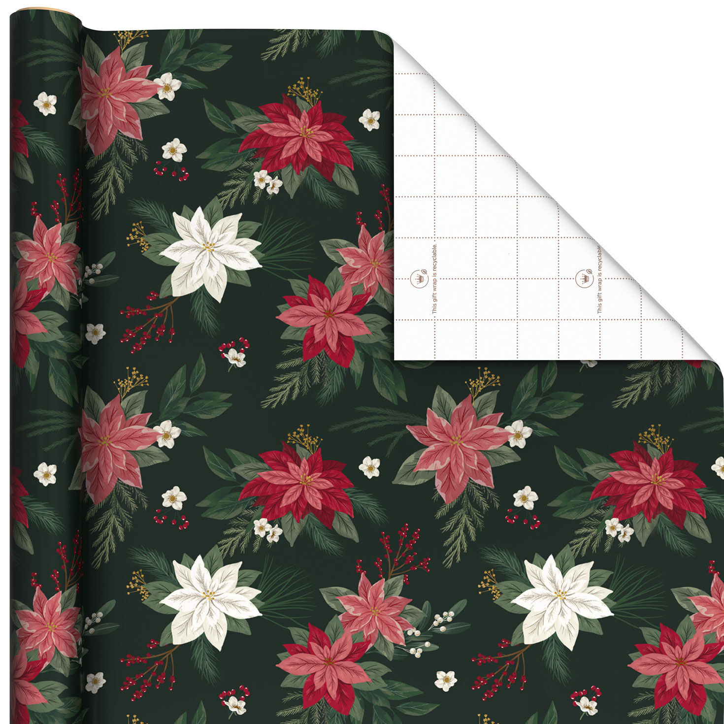 Poinsettias on Black Christmas Wrapping Paper Roll, 35 sq. ft.