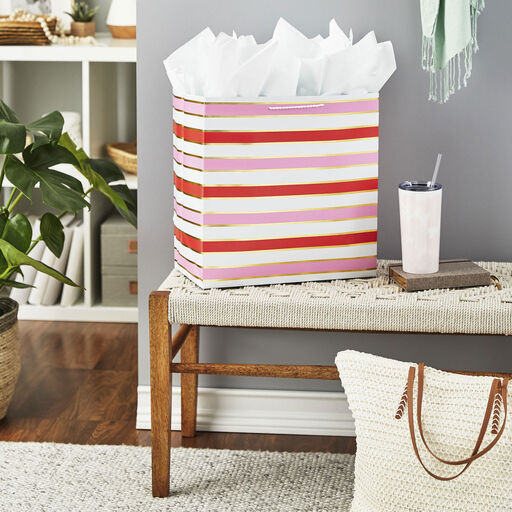 15" Pink, Coral and Gold Stripes Extra-Deep Gift Bag, 