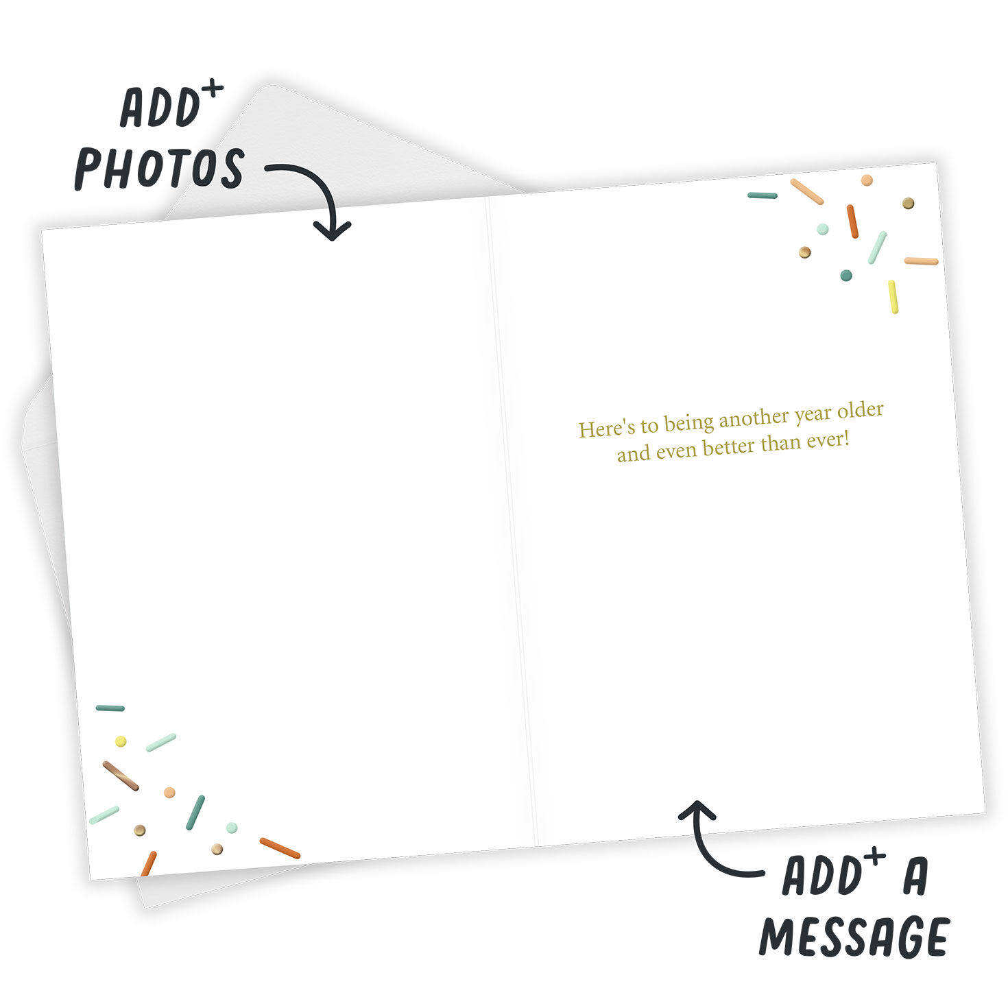 Happy 34th Confetti Personalized Birthday Card Open Card with Envelope indicating personalization image number 3