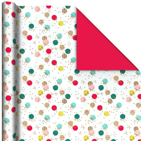 Colorful Dots/Solid Red Reversible Christmas Wrapping Paper, 30 sq. ft., , large