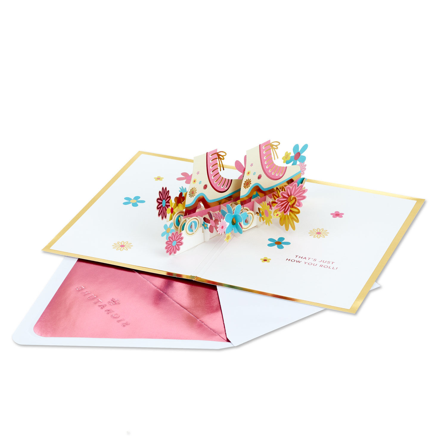 Pink and Blue Flower Roller Skates Pop-Up Card Open card with envelope image number 2