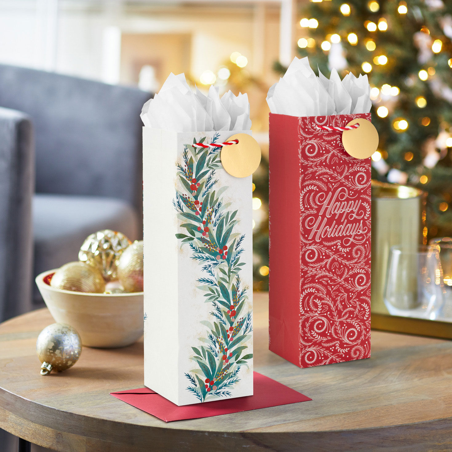 Happy Holidays Christmas Greenery Wine Gift Bags In Use image number 2
