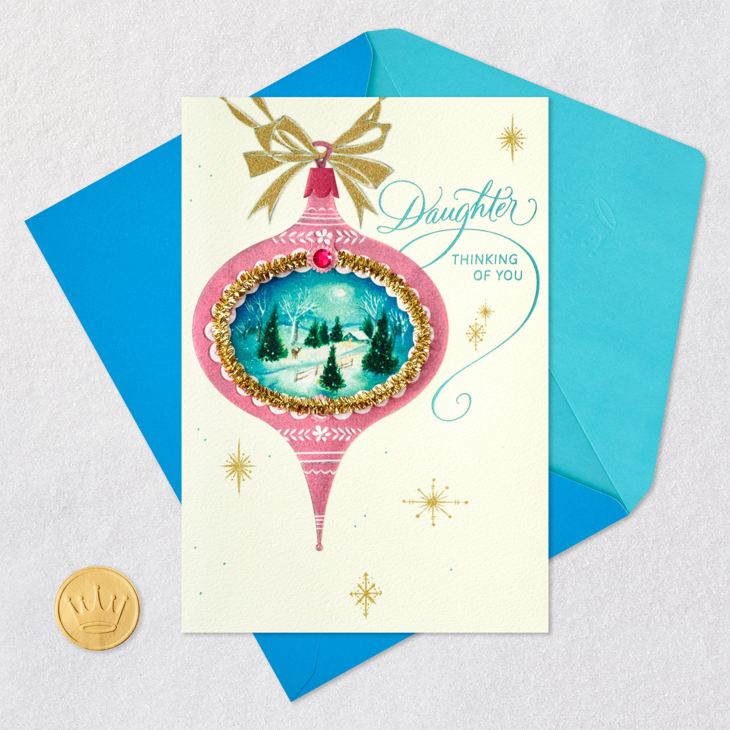 Pink Ornament With Tinsel Daughter Christmas Card Card Front with Envelope and Gold Seal image number 6