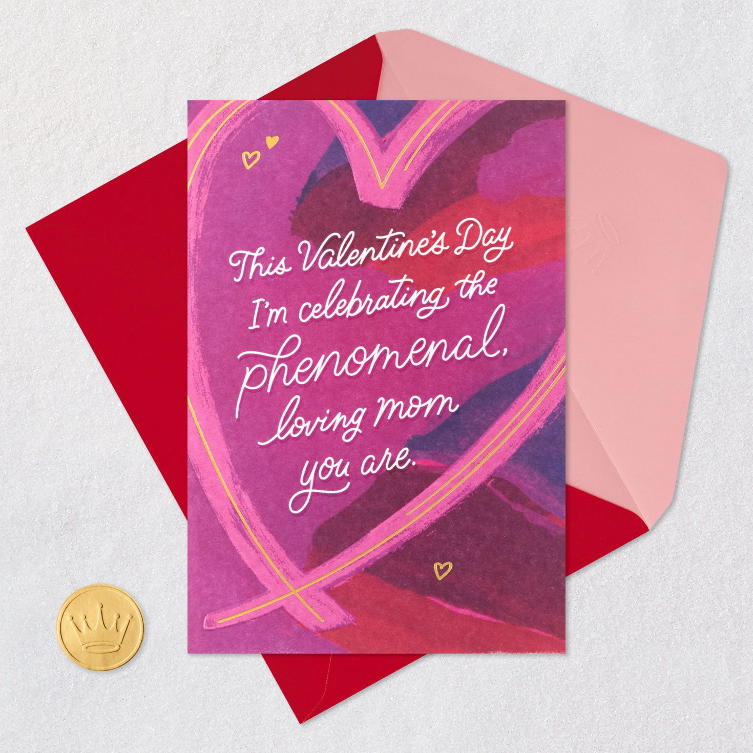 Pink and Purple Abstract Heart Mom Valentine's Card Card Front with Envelope and Gold Seal image number 6