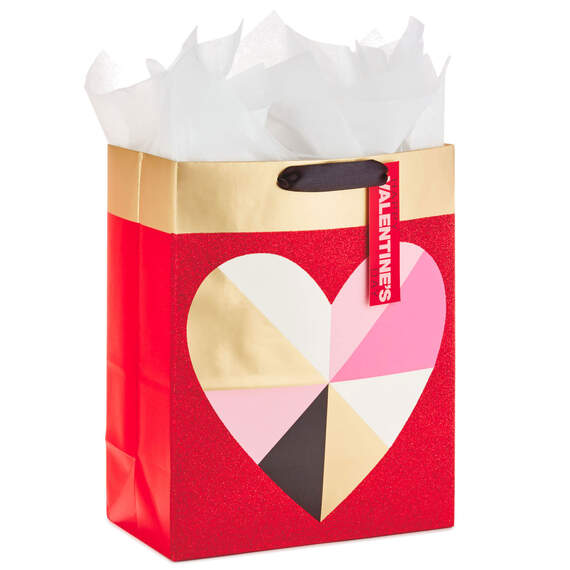 13" Geometric Heart Large Valentine's Day Gift Bag With Tissue Paper
