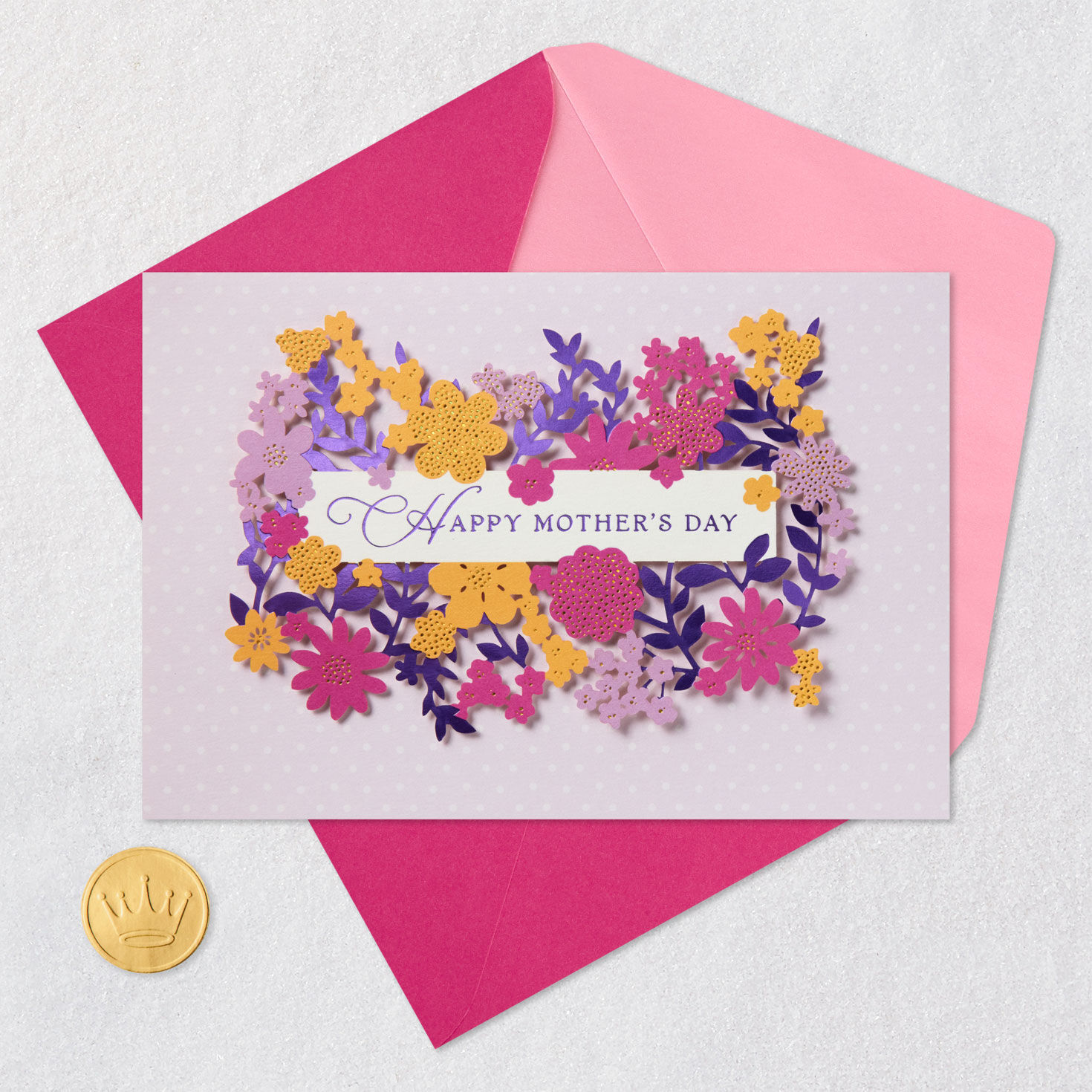 Purple Flower Frame on Lavender Mother's Day Card Card Front with Envelope and Gold Seal image number 5