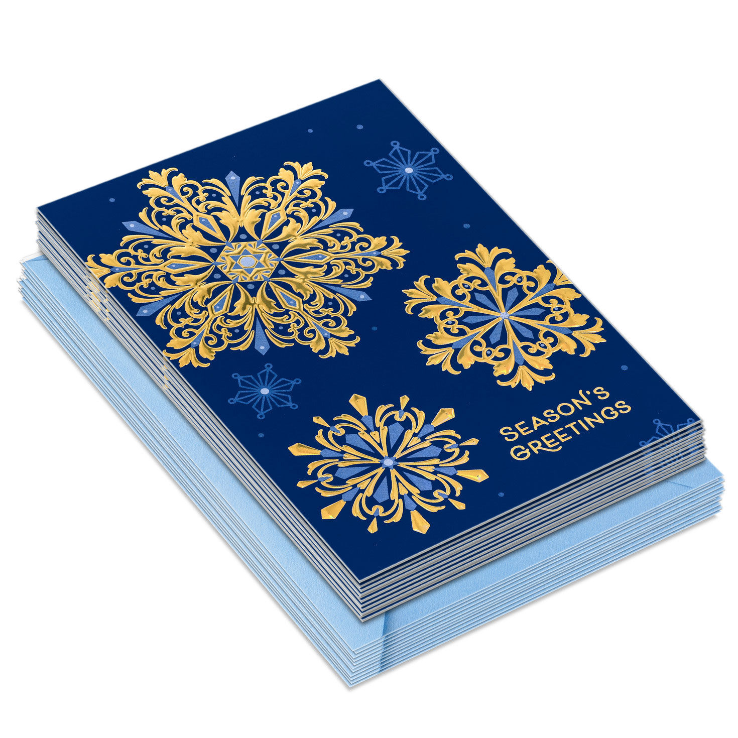 Gold Snowflakes on Blue Boxed Christmas Cards front stacked image number 2