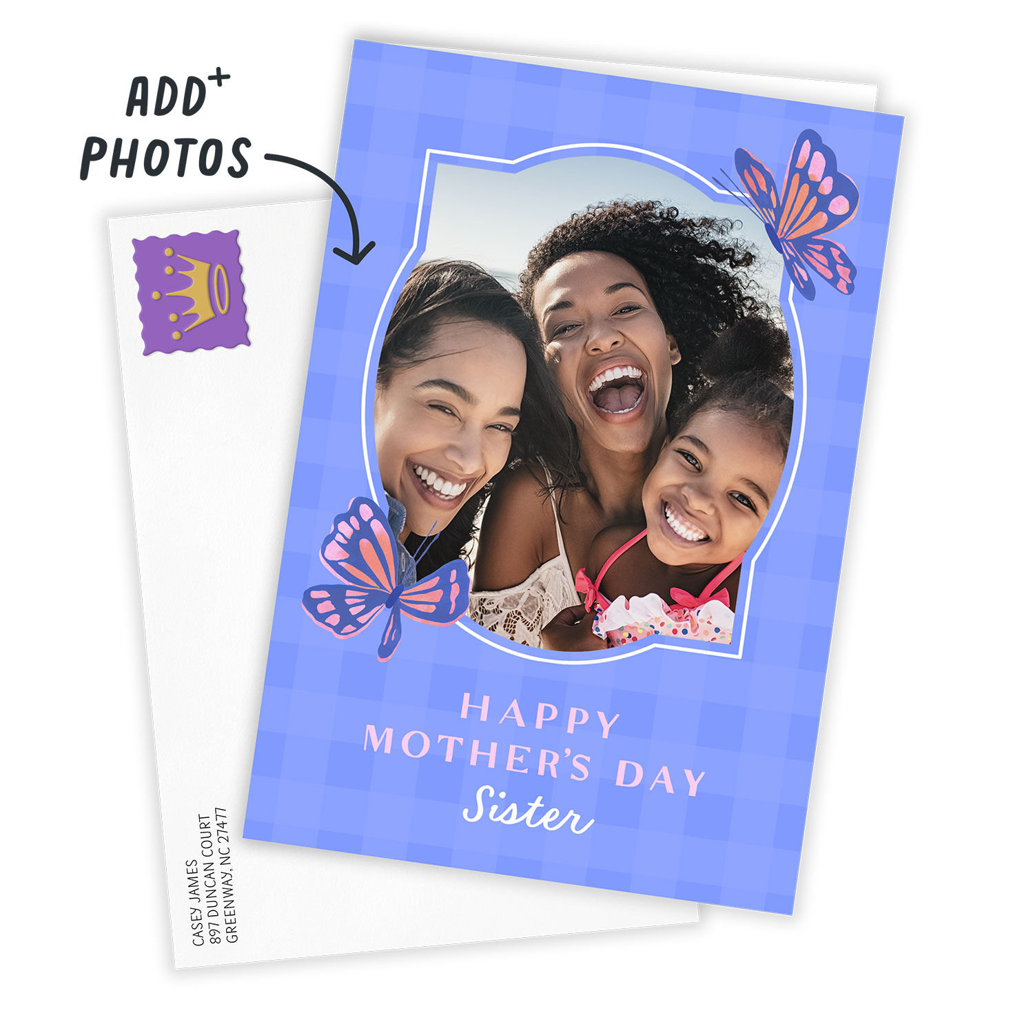 Butterflies on Purple Gingham Mother's Day Card Card Front with envelope indicating personalization image number 2