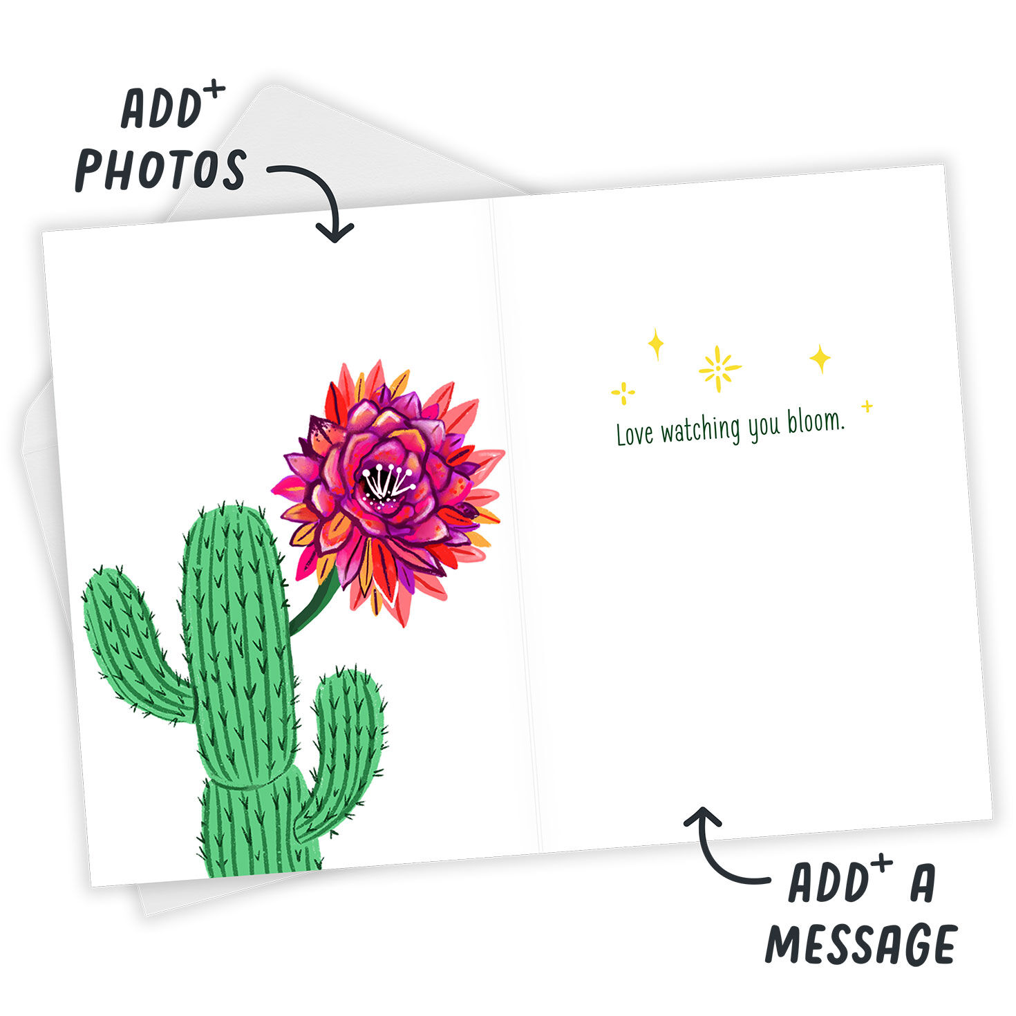 Cactus Colored Pot Personalized Encouragement Card Open Card with Envelope indicating personalization image number 3