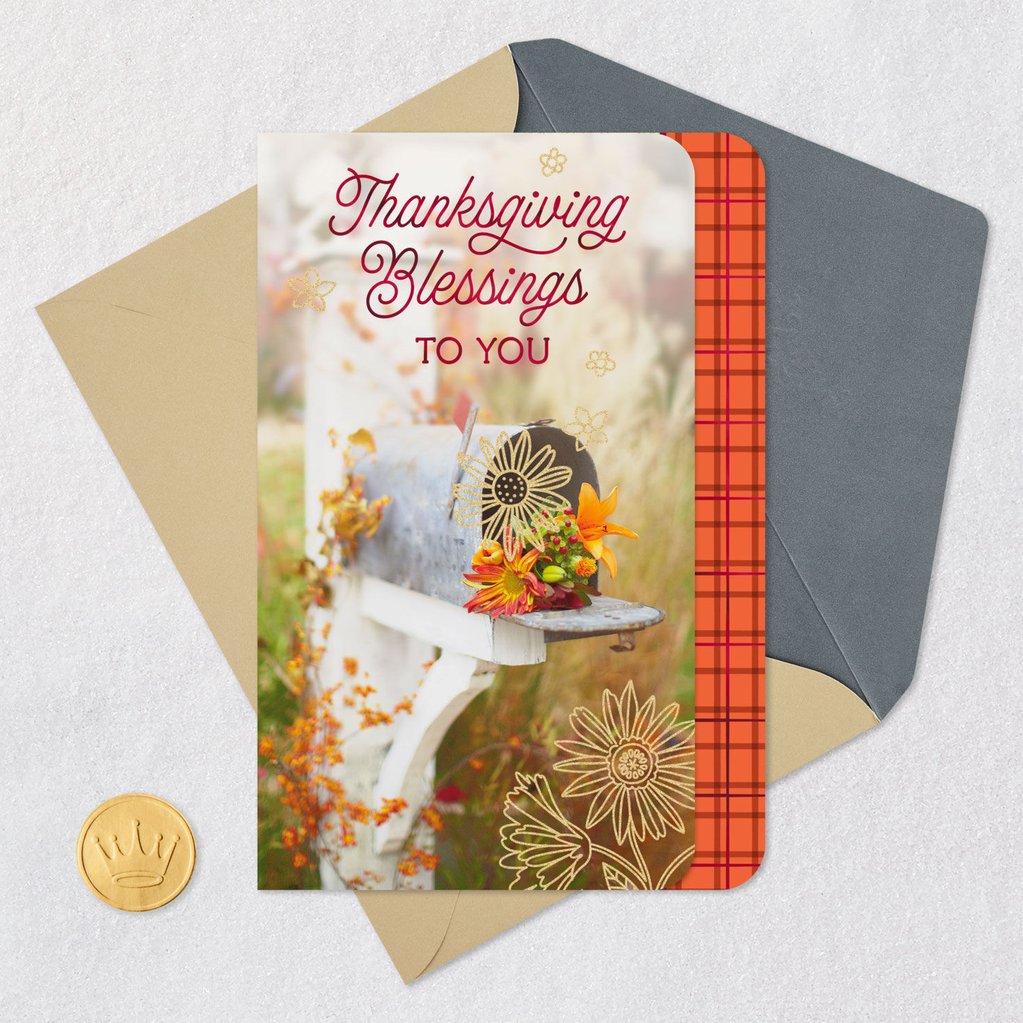 Mailbox and Flowers Religious Thanksgiving Card Card Front with Envelope and Gold Seal image number 5