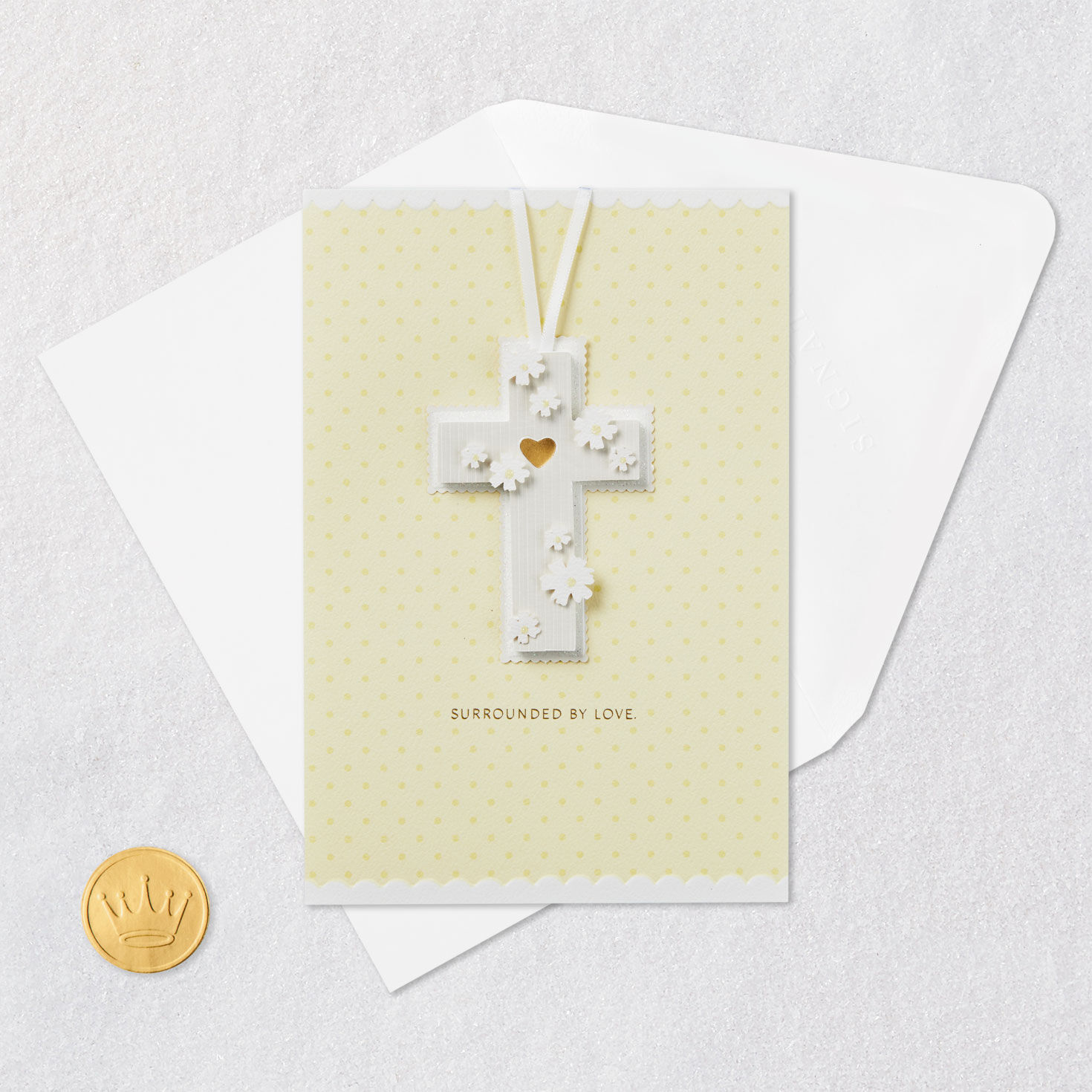 Removable Cross with Flowers on Yellow Baptism Card Card Front with Envelope and Gold Seal image number 6