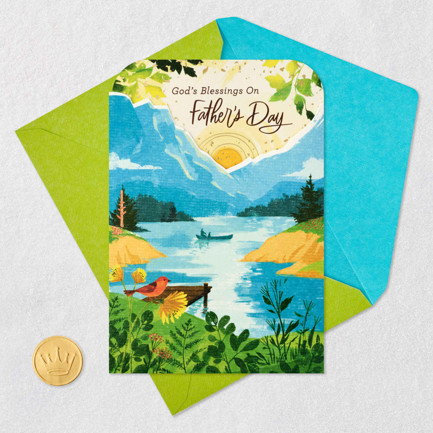 Canoe in Mountain Lake Scene Religious Father's Day Card Card Front with Envelope and Gold Seal image number 6