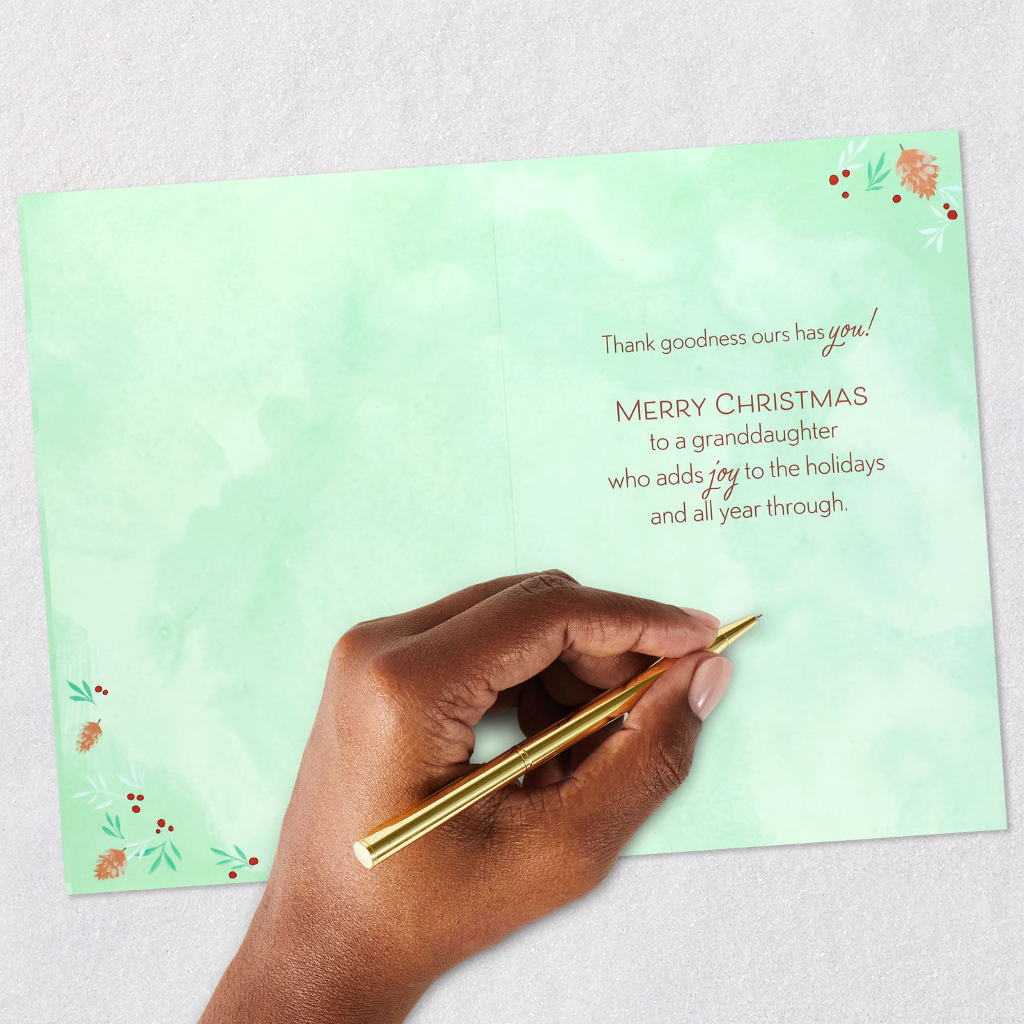 Green Snow Globe Christmas Card for Granddaughter Signing card image number 6