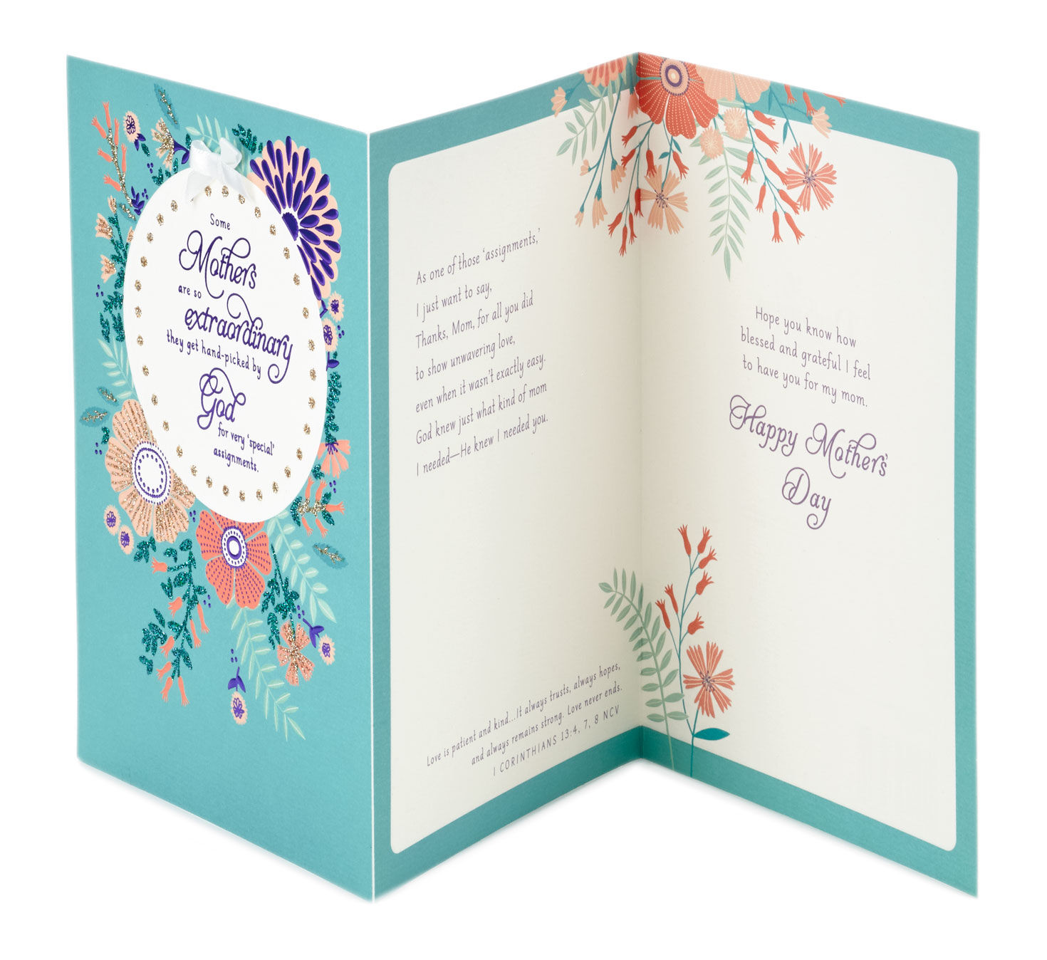 Pretty Floral Religious Mother's Day Card for Mom folded open image number 2