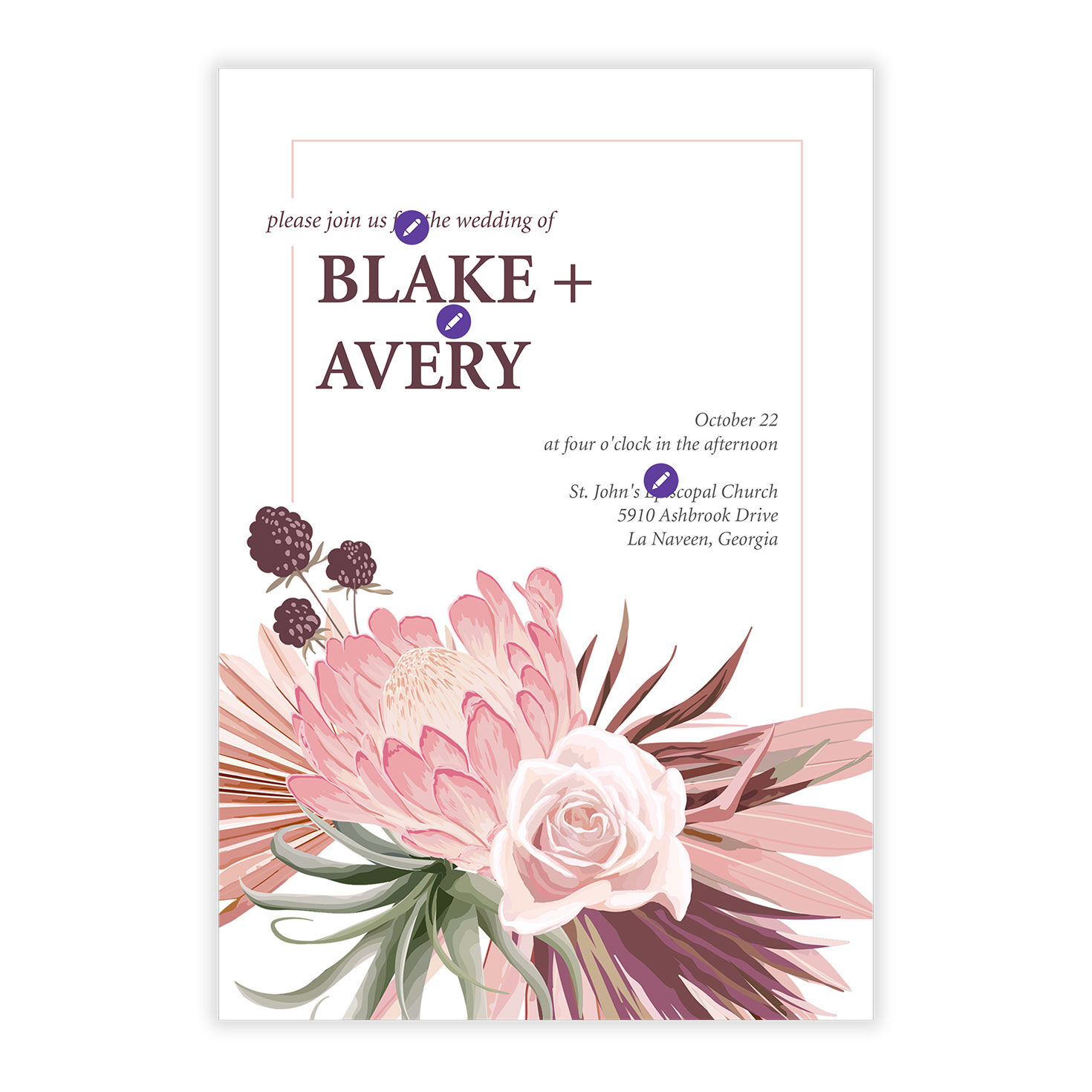 Pink Peony Rose Personalized Wedding Invitation Card Front indicating personalization image number 5